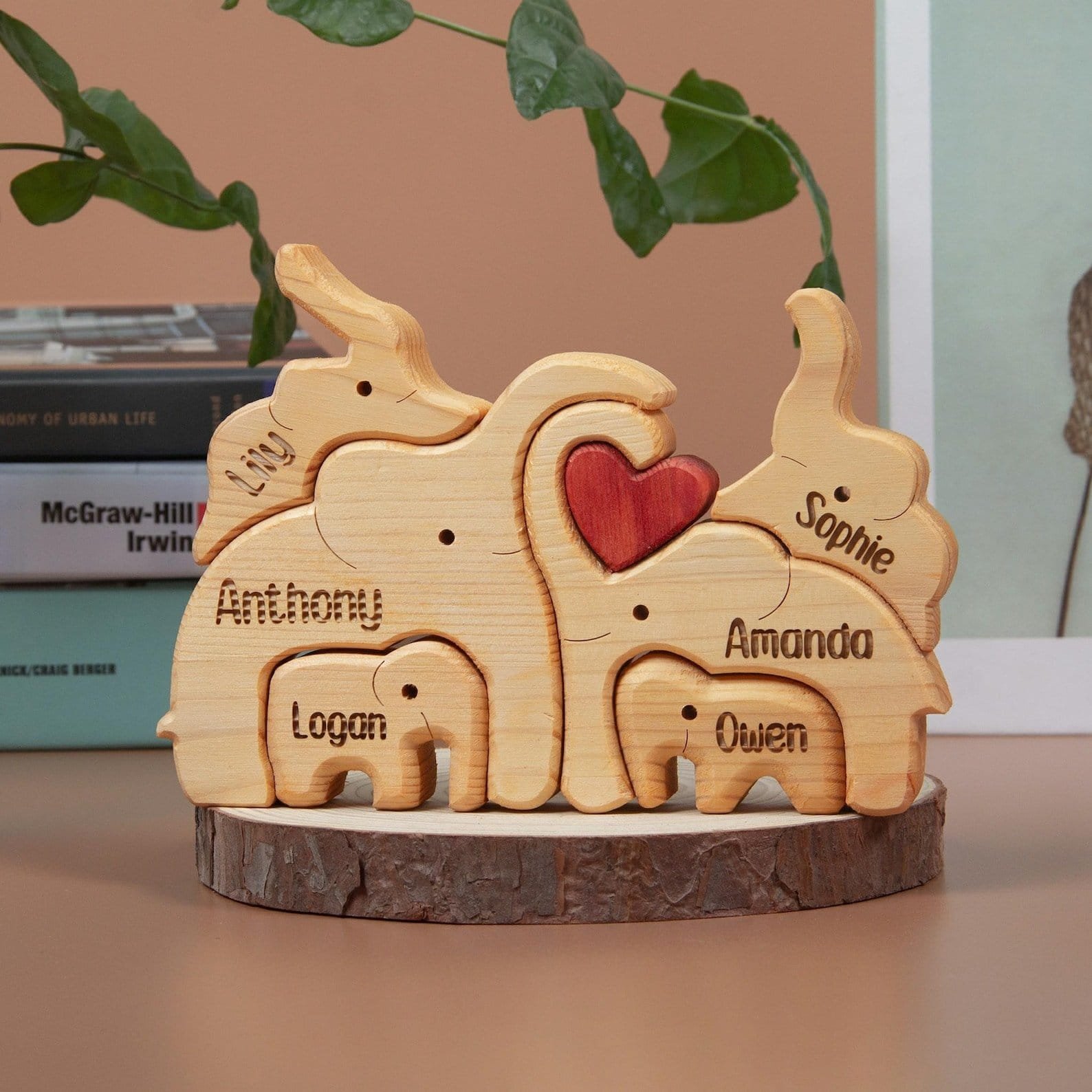 Engraved wooden elephant with custom names — handmade personalized decor gift
