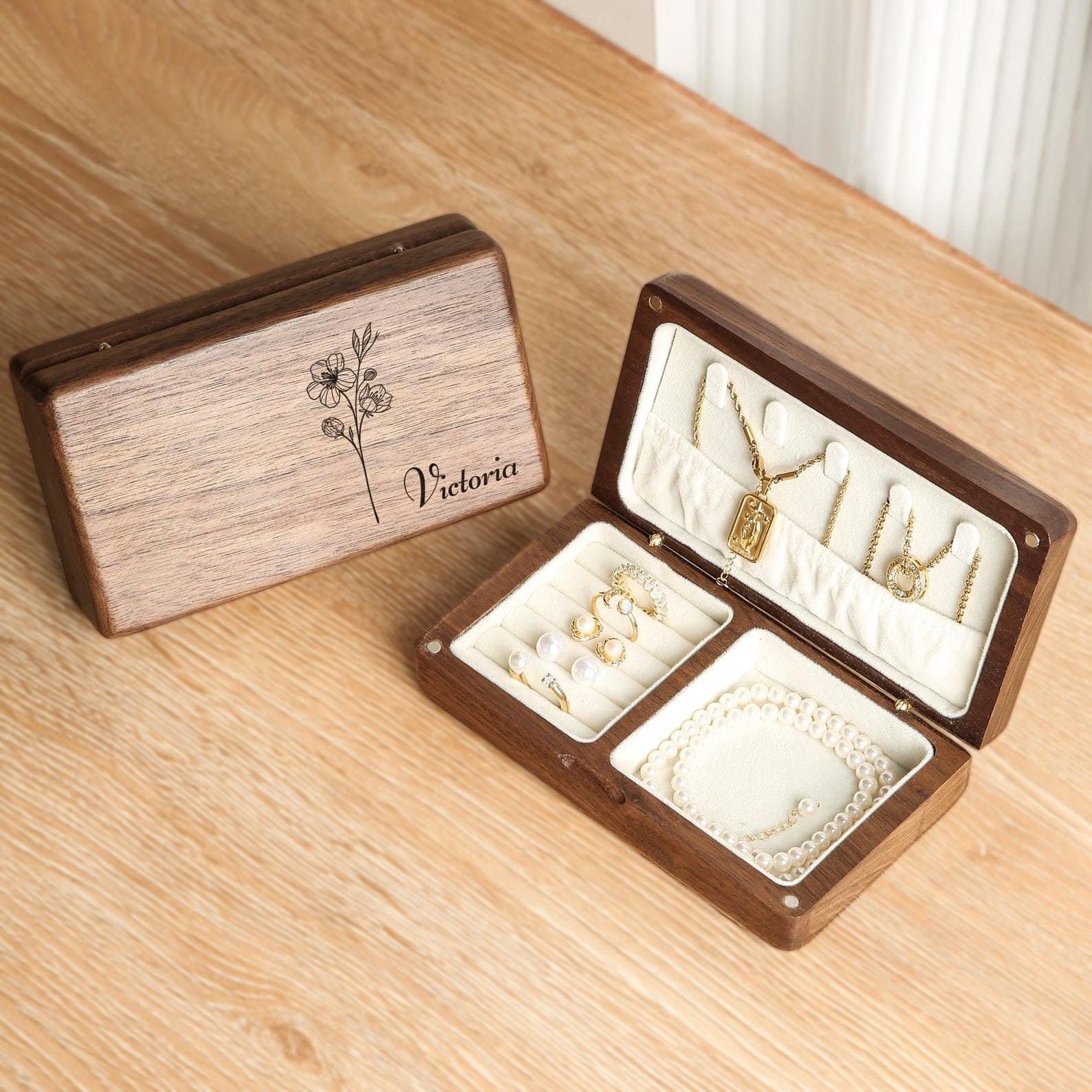 Custom wooden jewelry box engraved with birth flower and name — elegant personalized gift