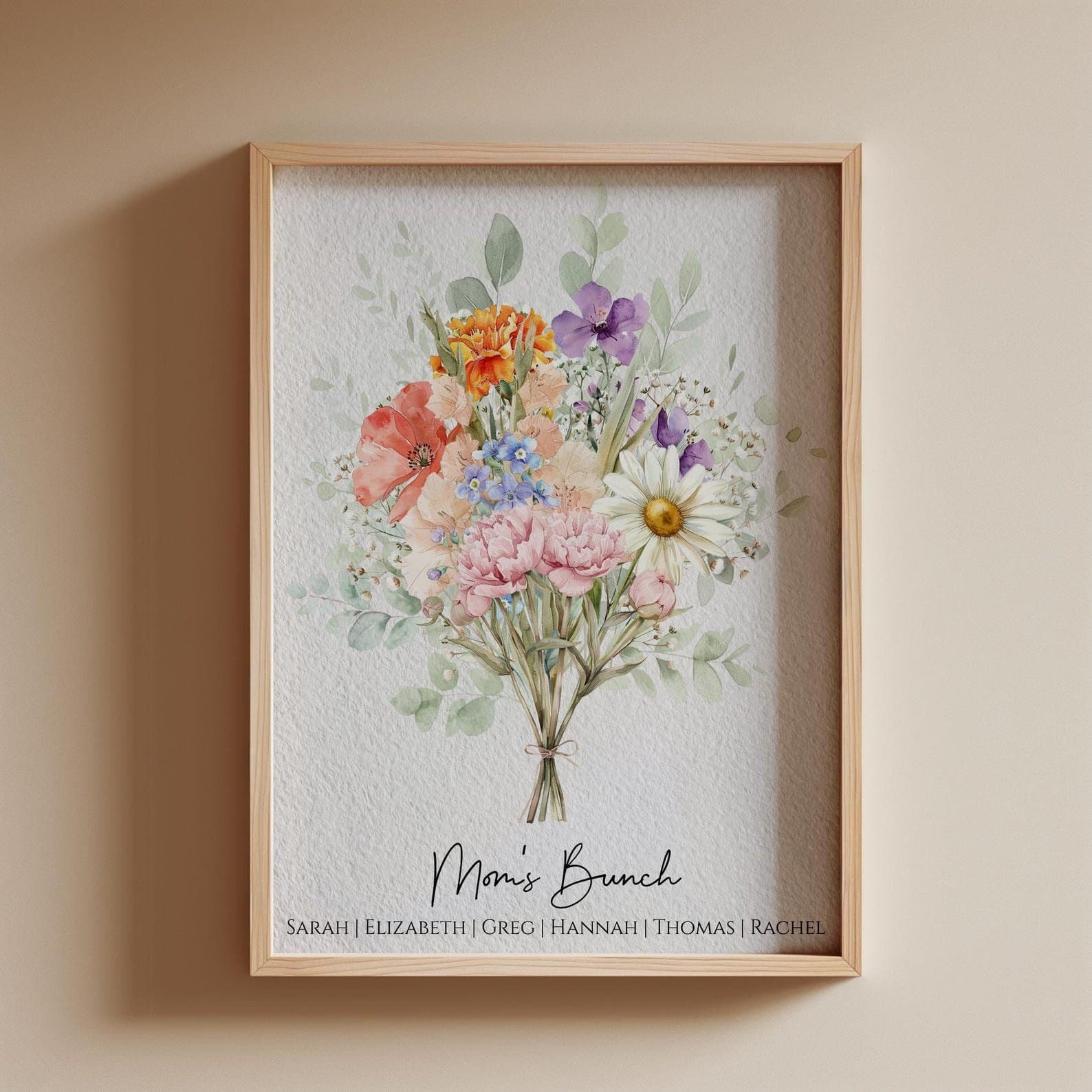 Personalized family birth flower bouquet print — meaningful custom art gift for mom