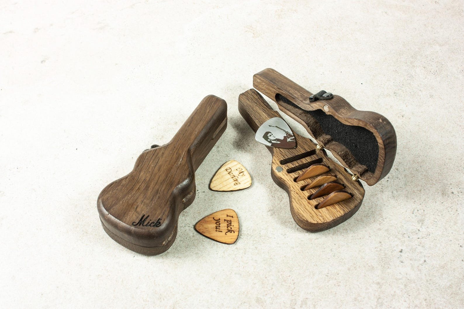 Custom engraved wooden guitar picks gift set – for him or musician
