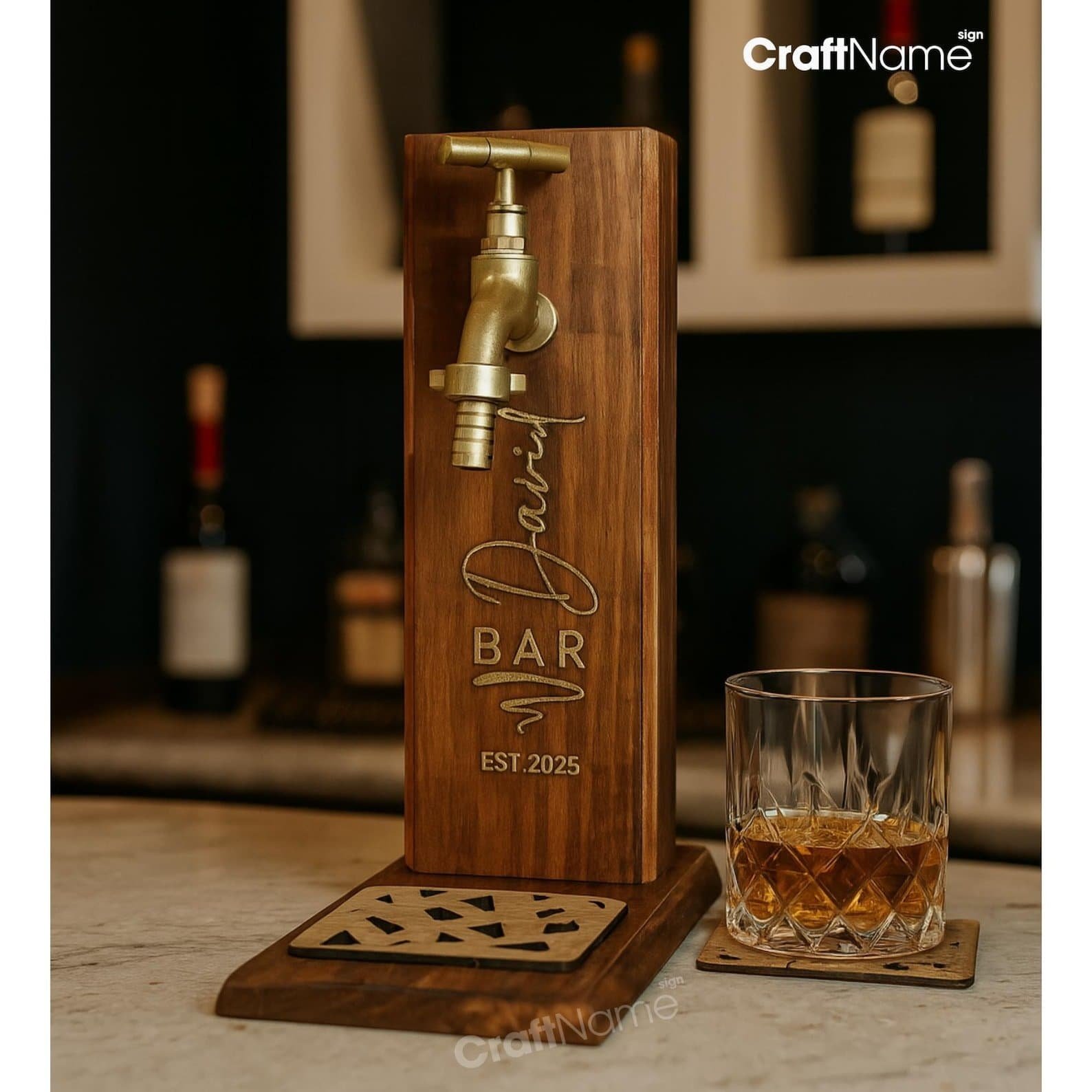 Personalized engraved wooden whiskey dispenser custom name bar gift