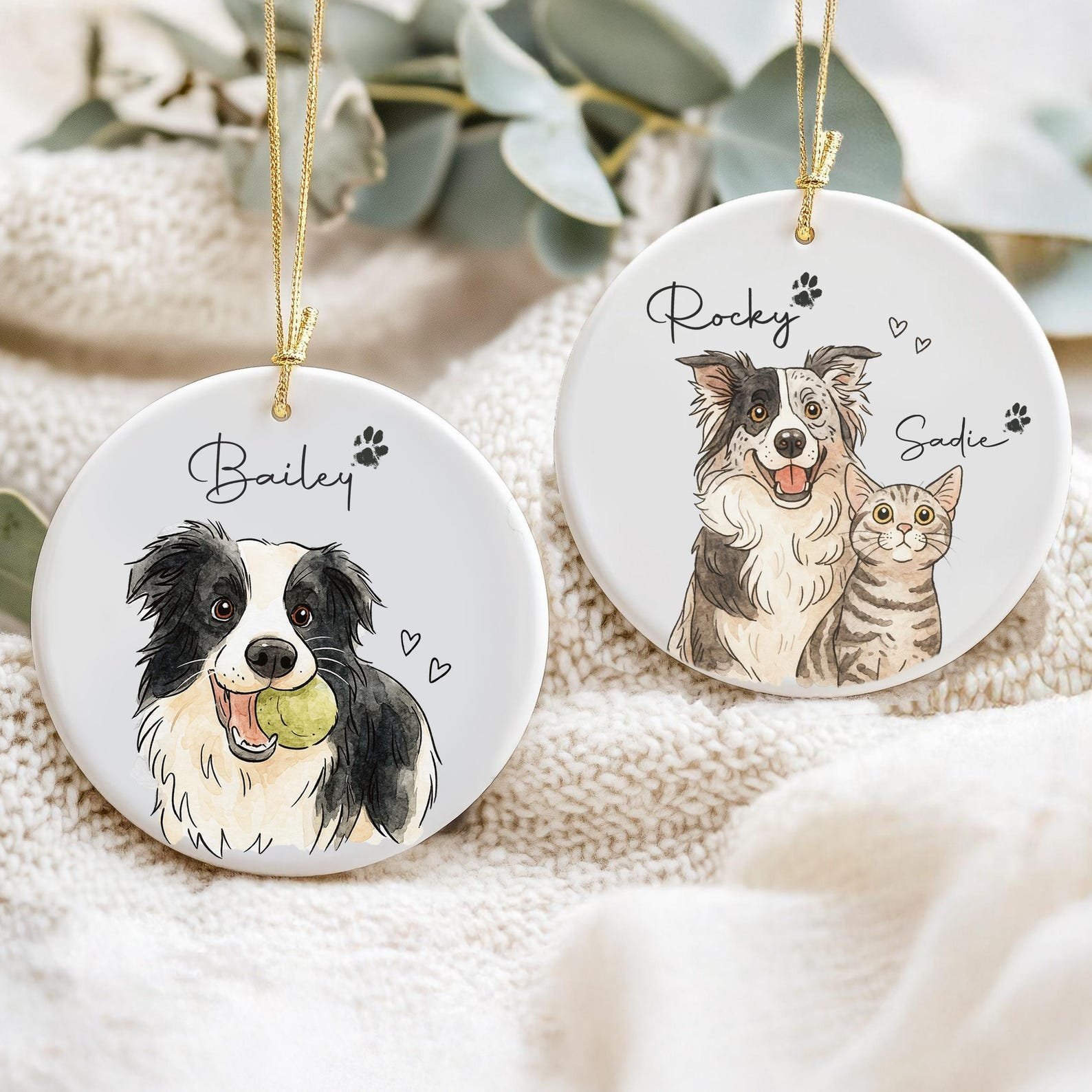 Personalized watercolor pet portrait ornament hand-painted from photo