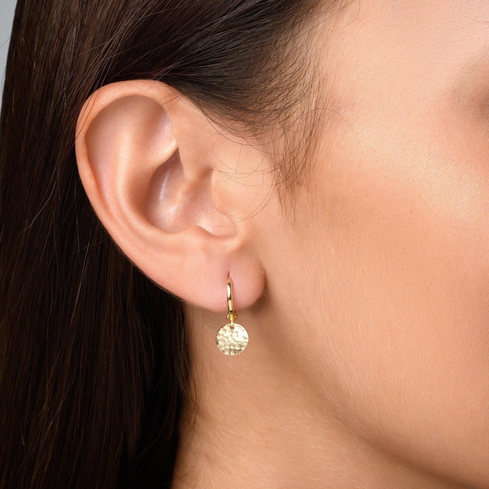 Hammered gold disk huggie earrings – tiny modern gold hoop gift for her