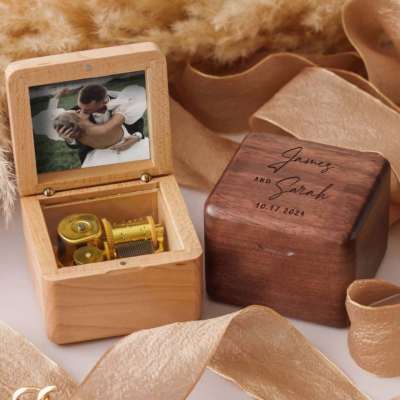 Personalized engraved wooden music box in maple and walnut with custom message