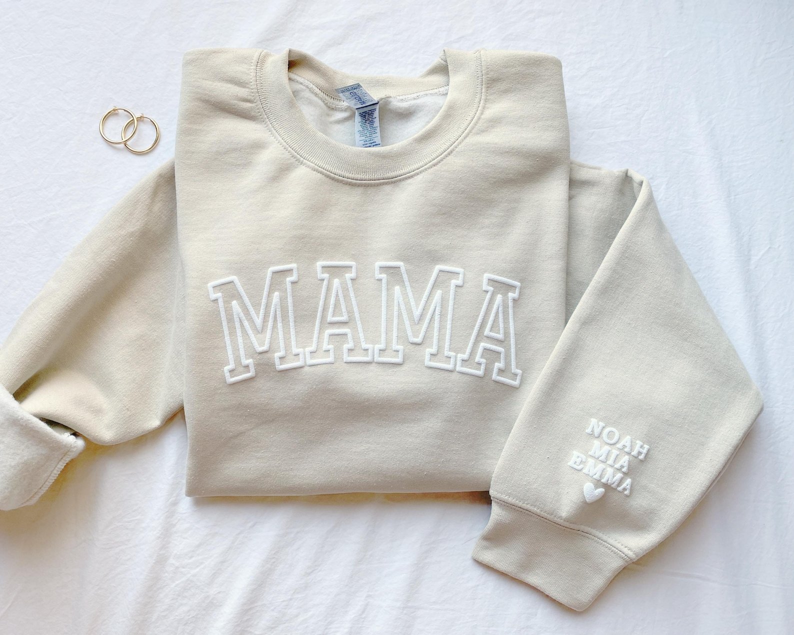 Personalized mama sweatshirt with kids names on sleeve — custom mom gift