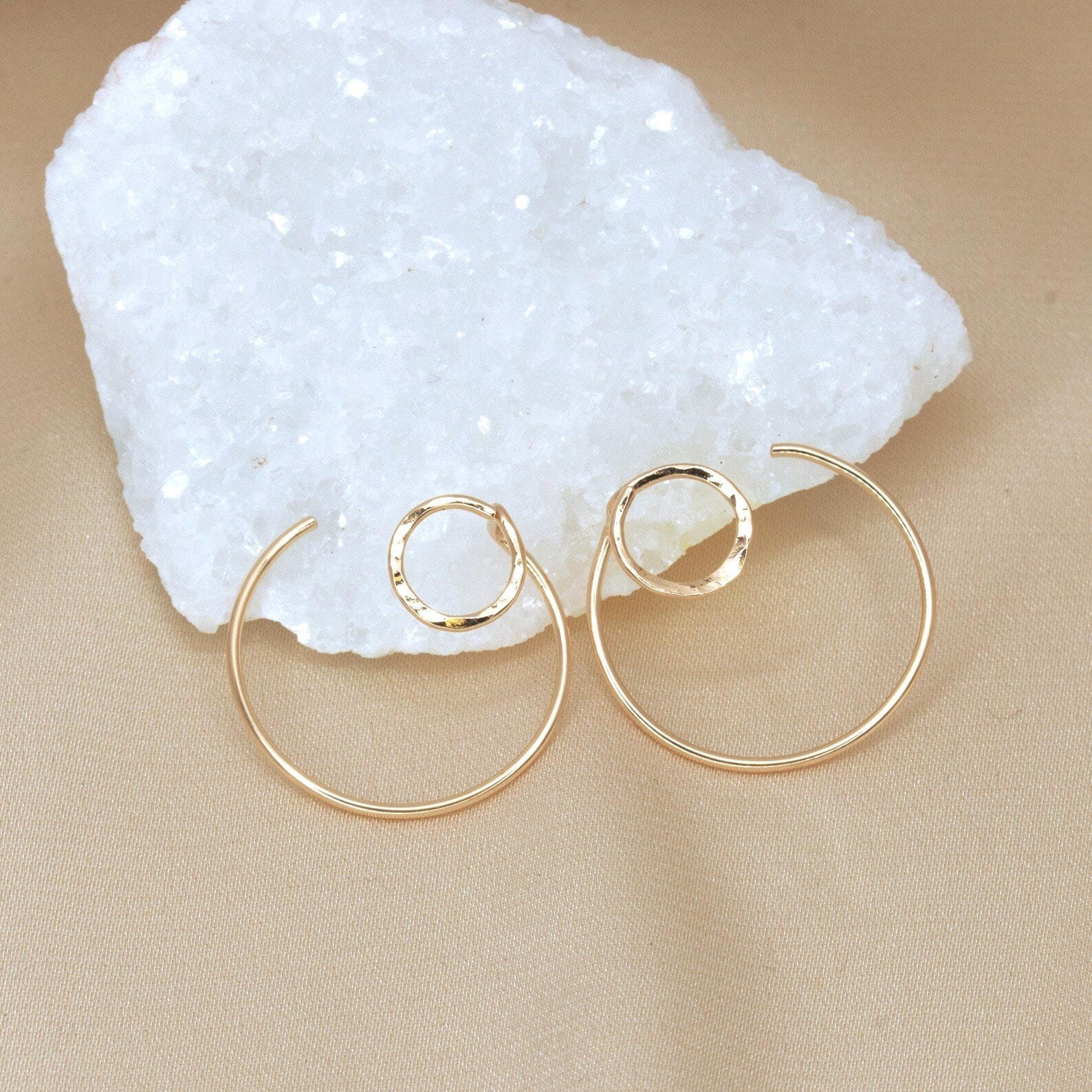 Gold double circle ear jacket earrings front back design