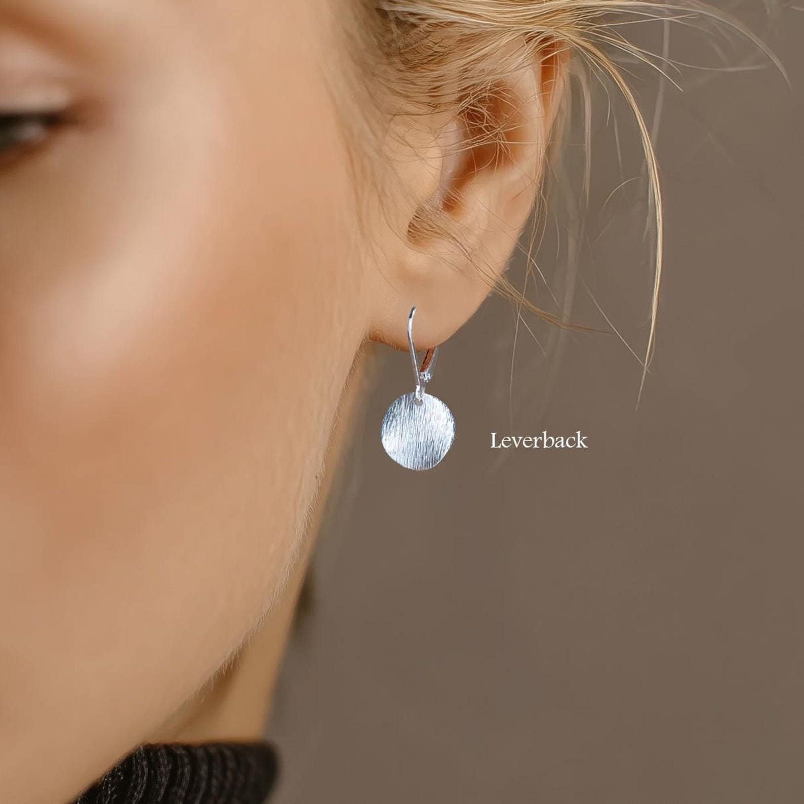 Sterling silver minimalist dangle earrings with glitter disc – handmade gift for her