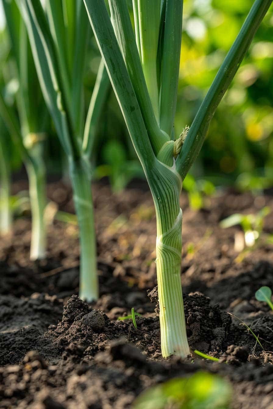 Green leek stalks growing upright in moist soil under soft daylight