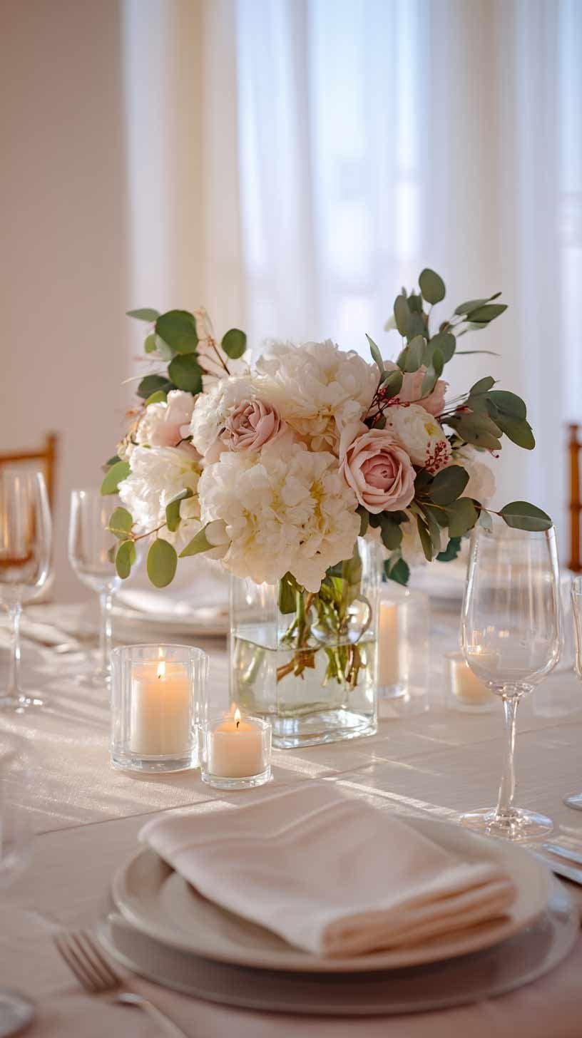 Modern dining table with minimalist floral centerpiece and candles.