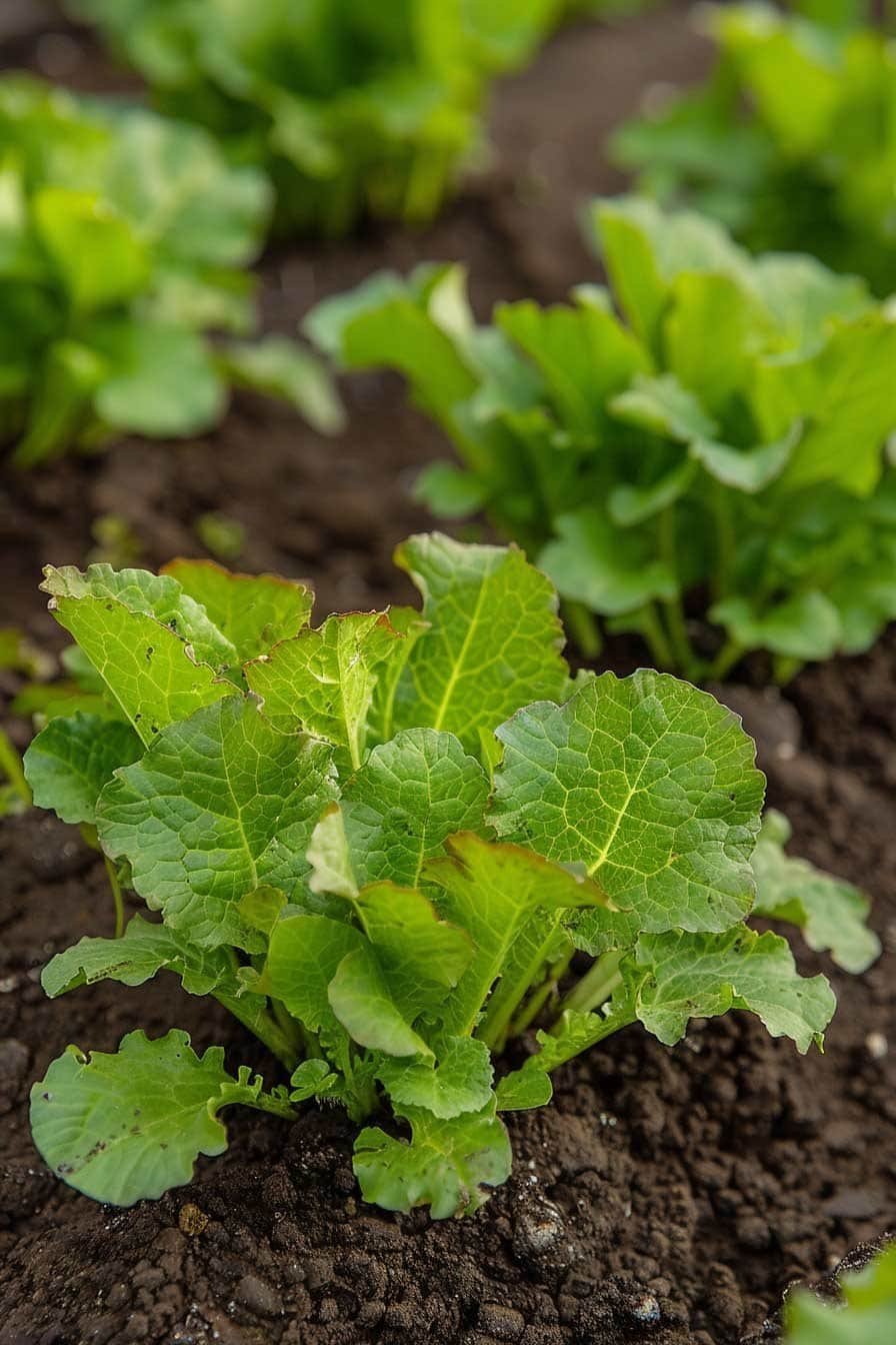 Mustard greens with crisp textured leaves growing in the garden