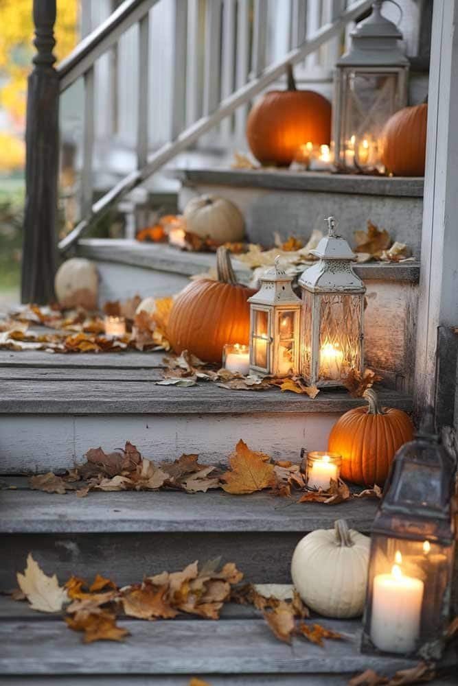 Outdoor fall display with pumpkins and candles
