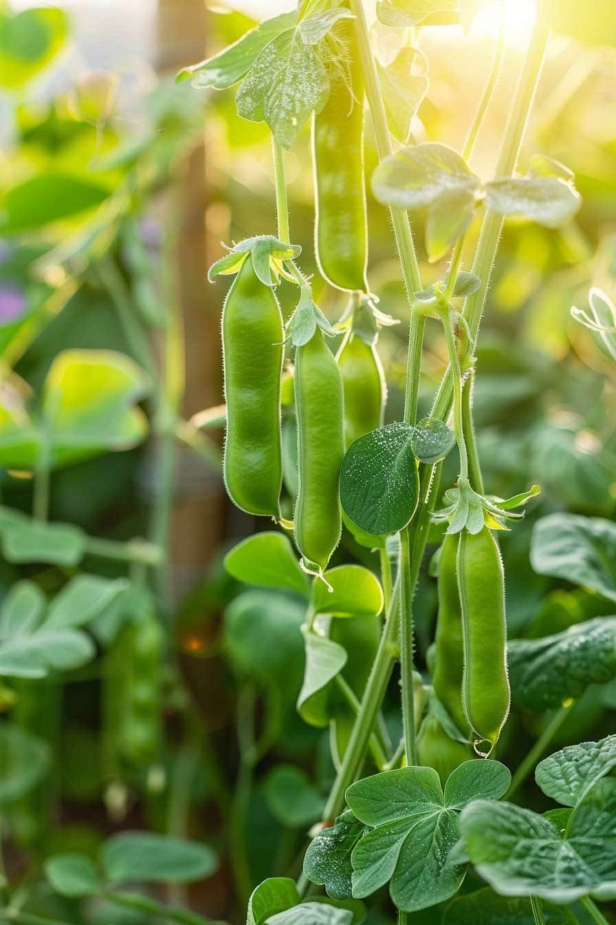 Green pea pods hanging on vines in morning sunlight