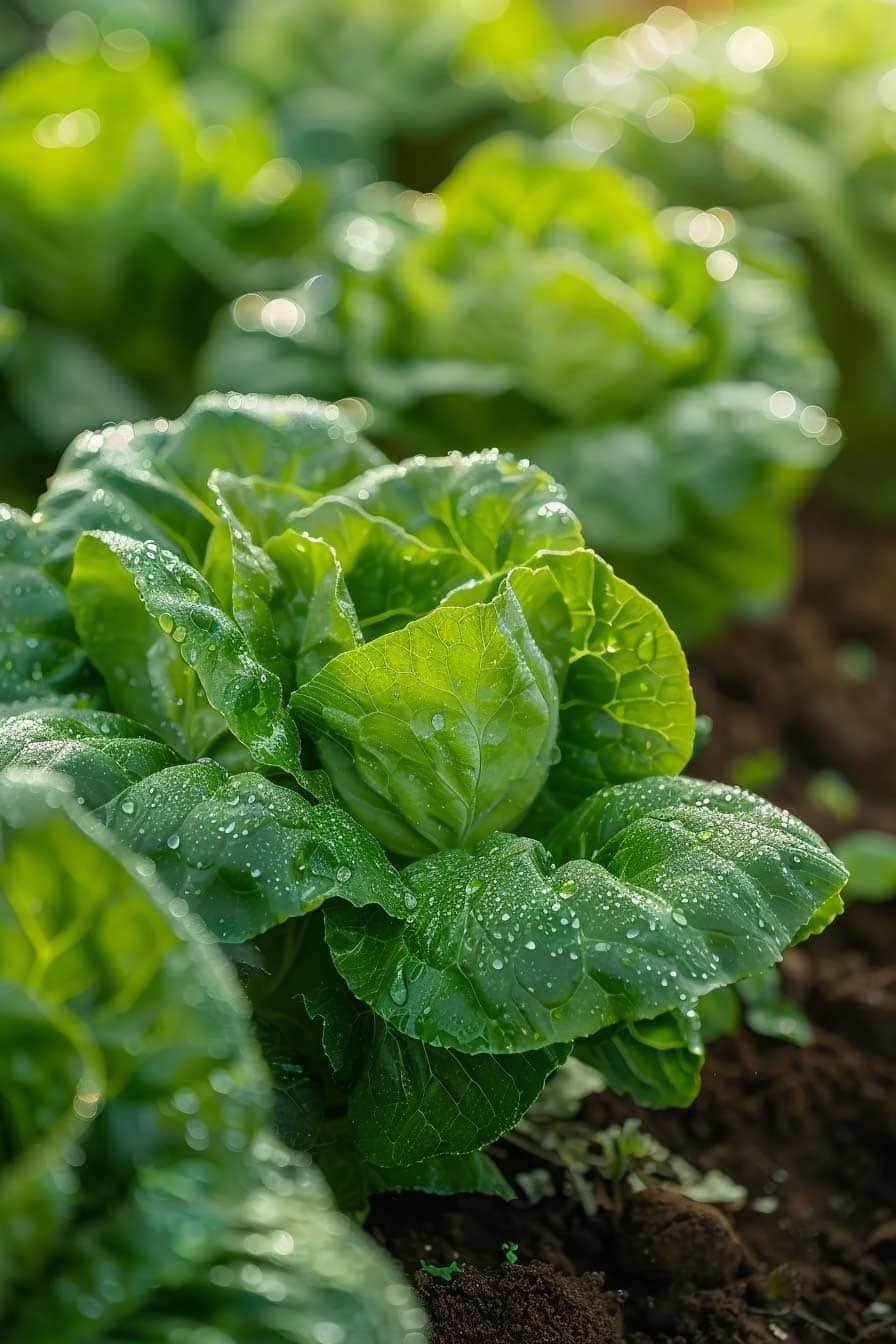 Romaine lettuce heads growing in neat rows under soft sunlight