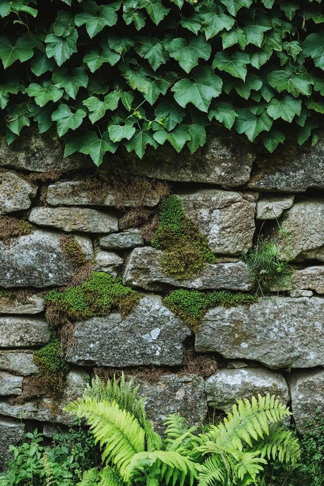 Rustic stone garden wall covered with ivy and moss