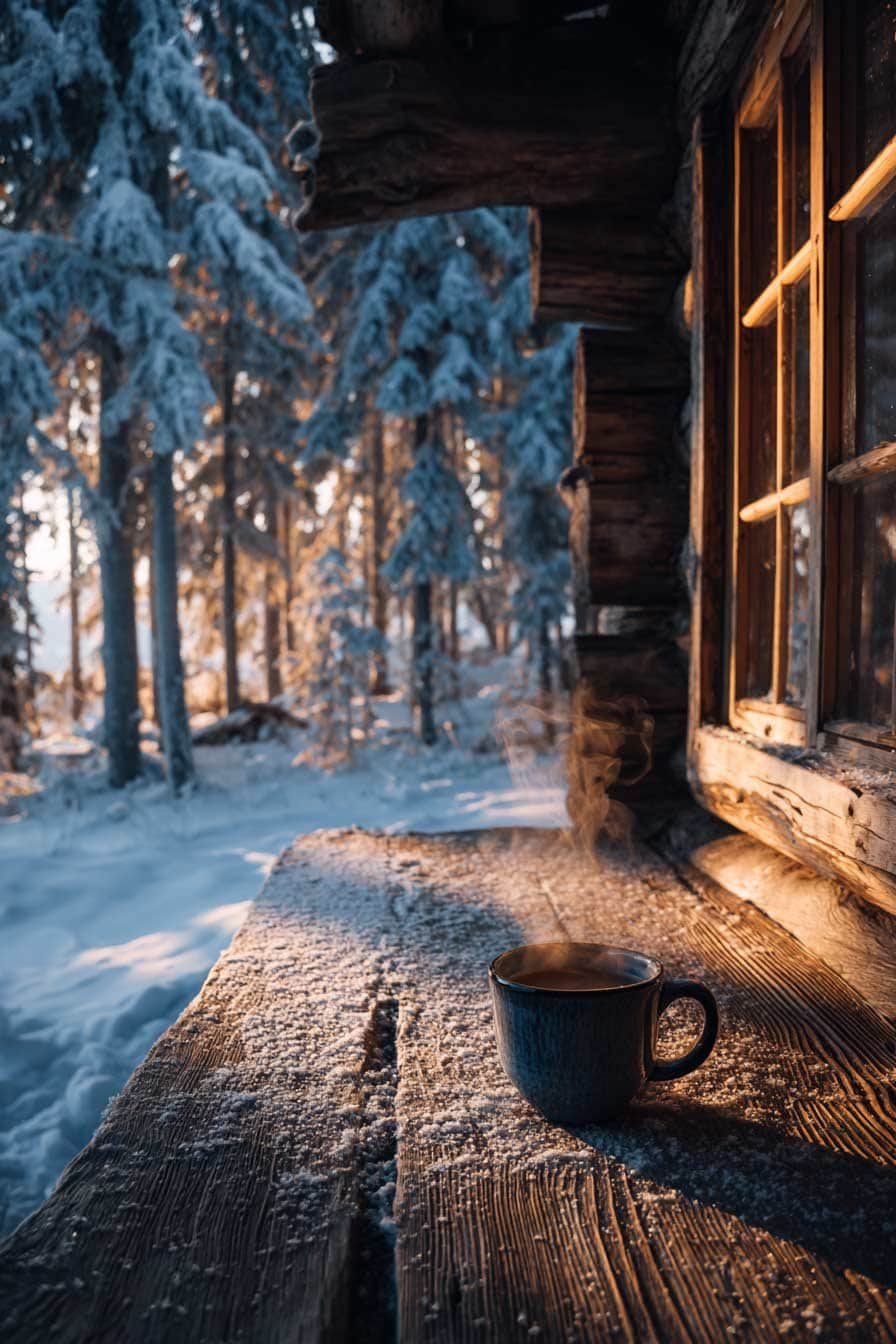 Cozy cabin surrounded by snowy pine forest