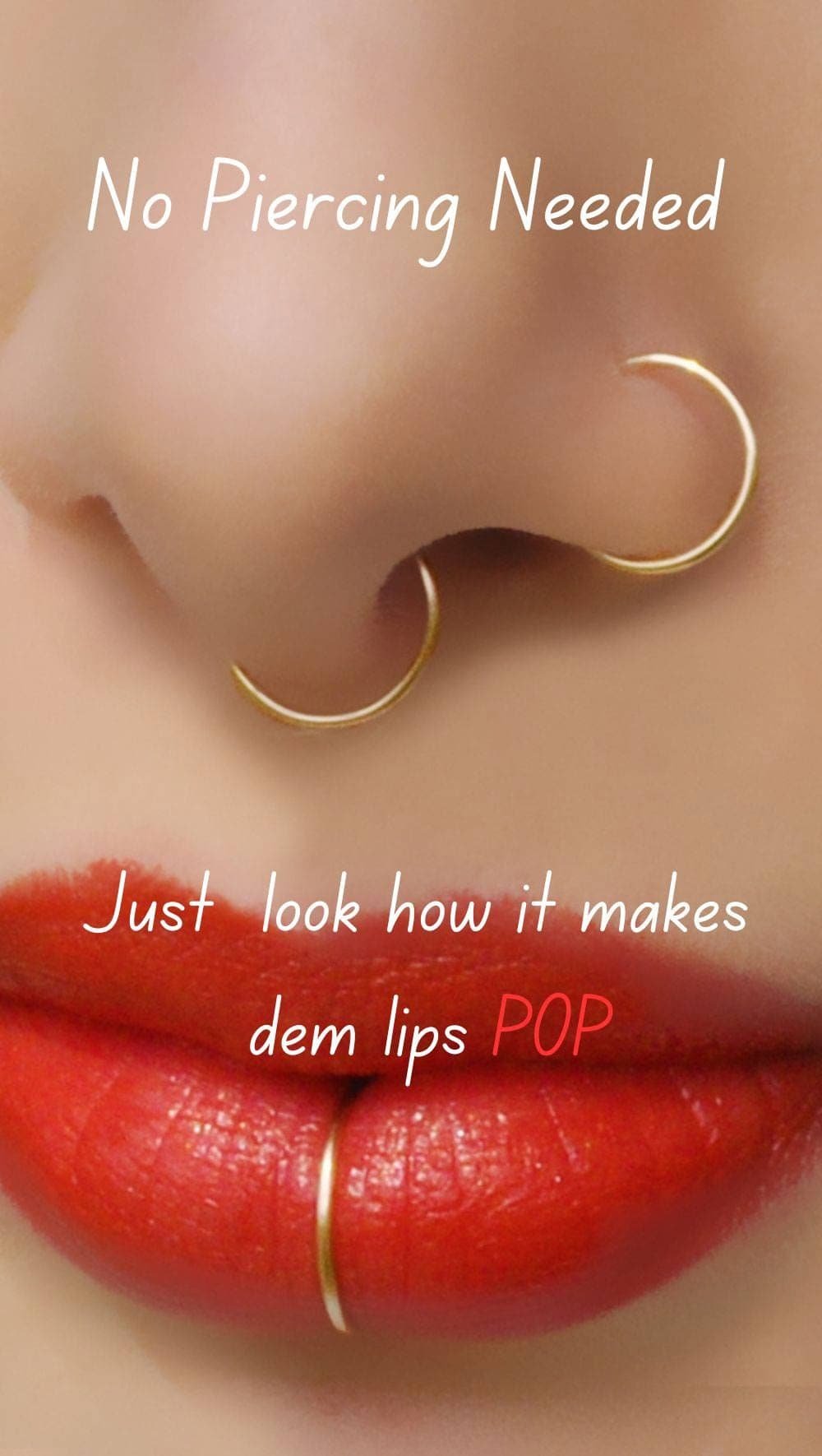 Fake gold nose ring, septum ring, and lip ring set — no piercing needed, realistic faux jewelry that looks real on lips and nose