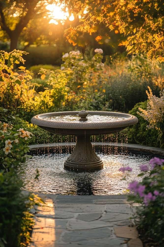 Small garden fountain surrounded by flowers and greenery