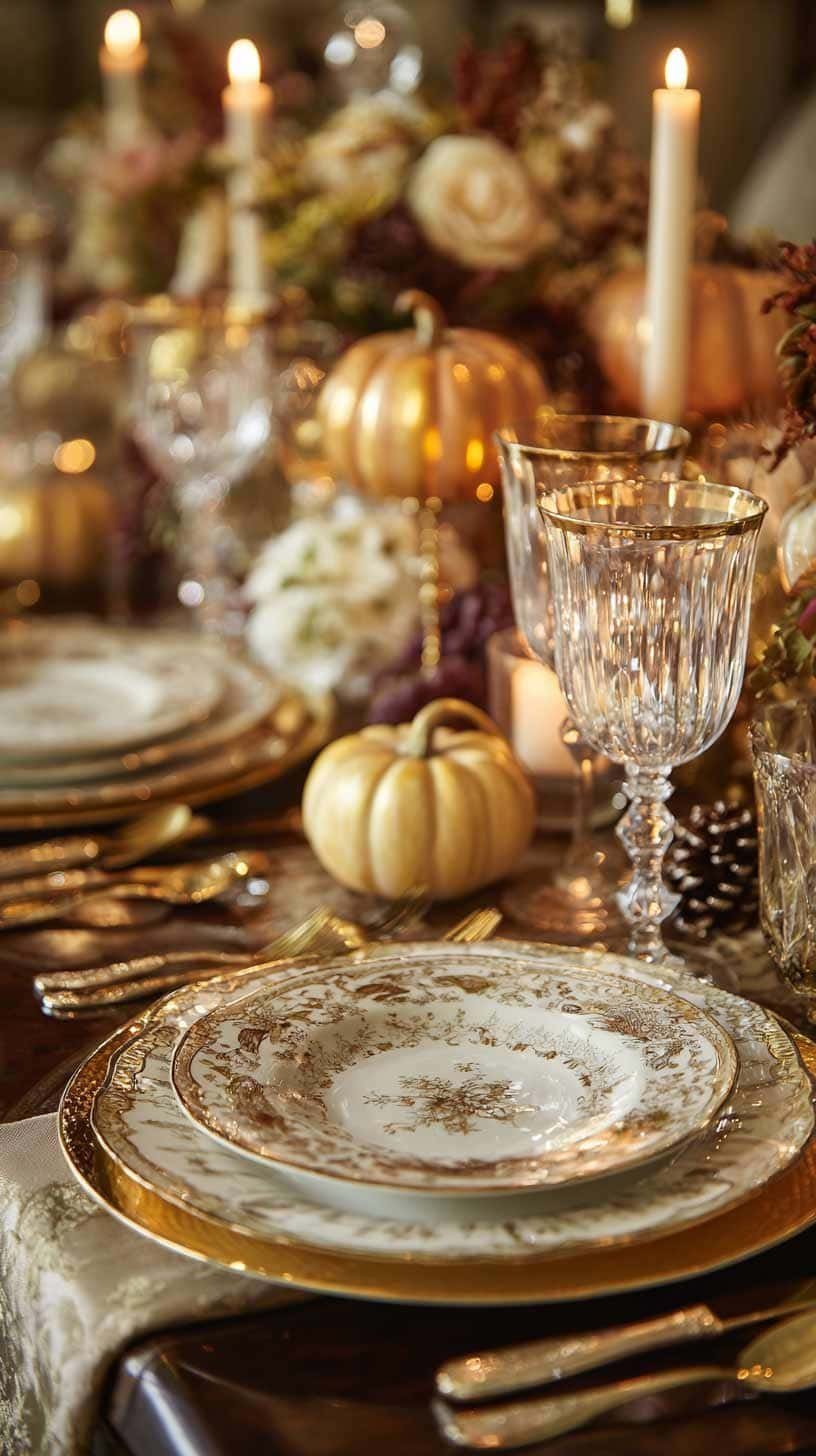 Sophisticated golden dinnerware with candles and warm autumn decor.