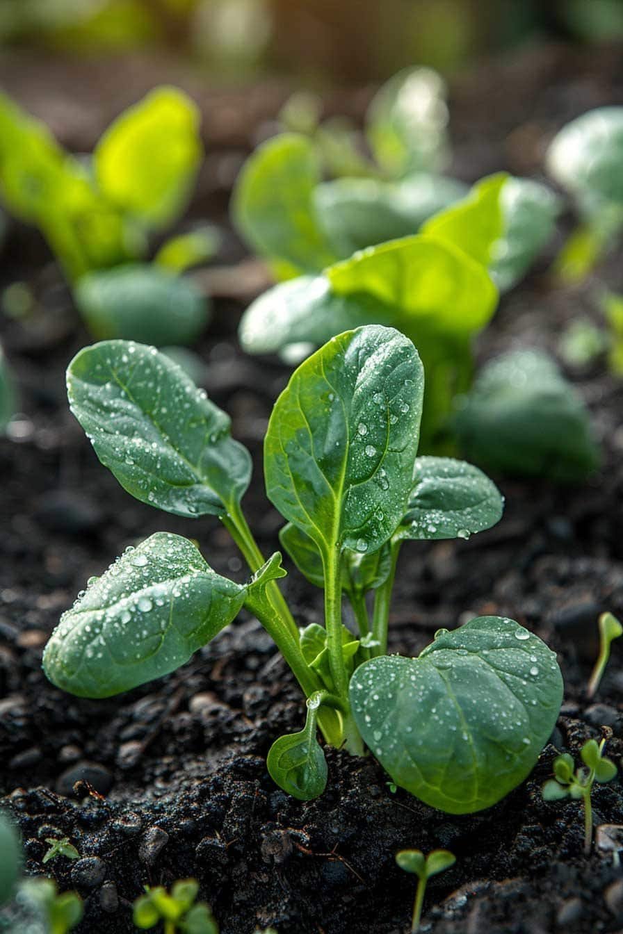 Young spinach plants with dew drops growing in dark rich garden soil