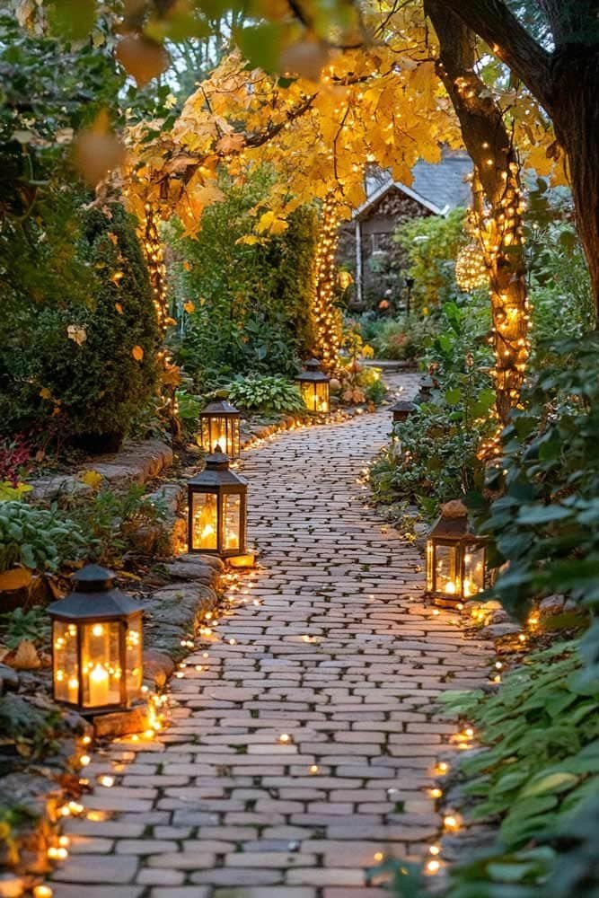 Stone or brick garden pathway surrounded by flowers