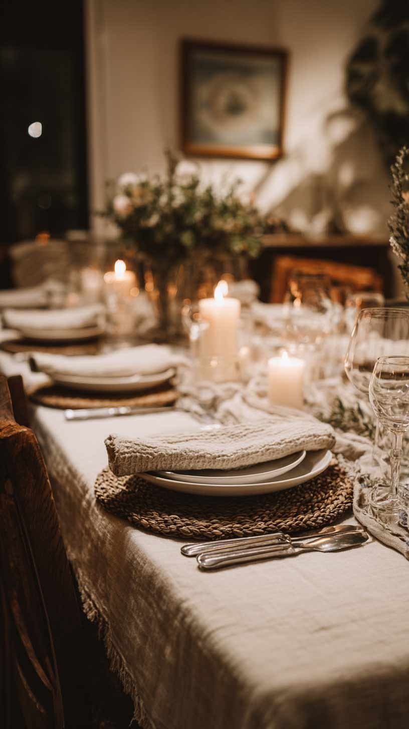 Layered linen tablecloth with candles and neutral textures for cozy dinner ambiance.