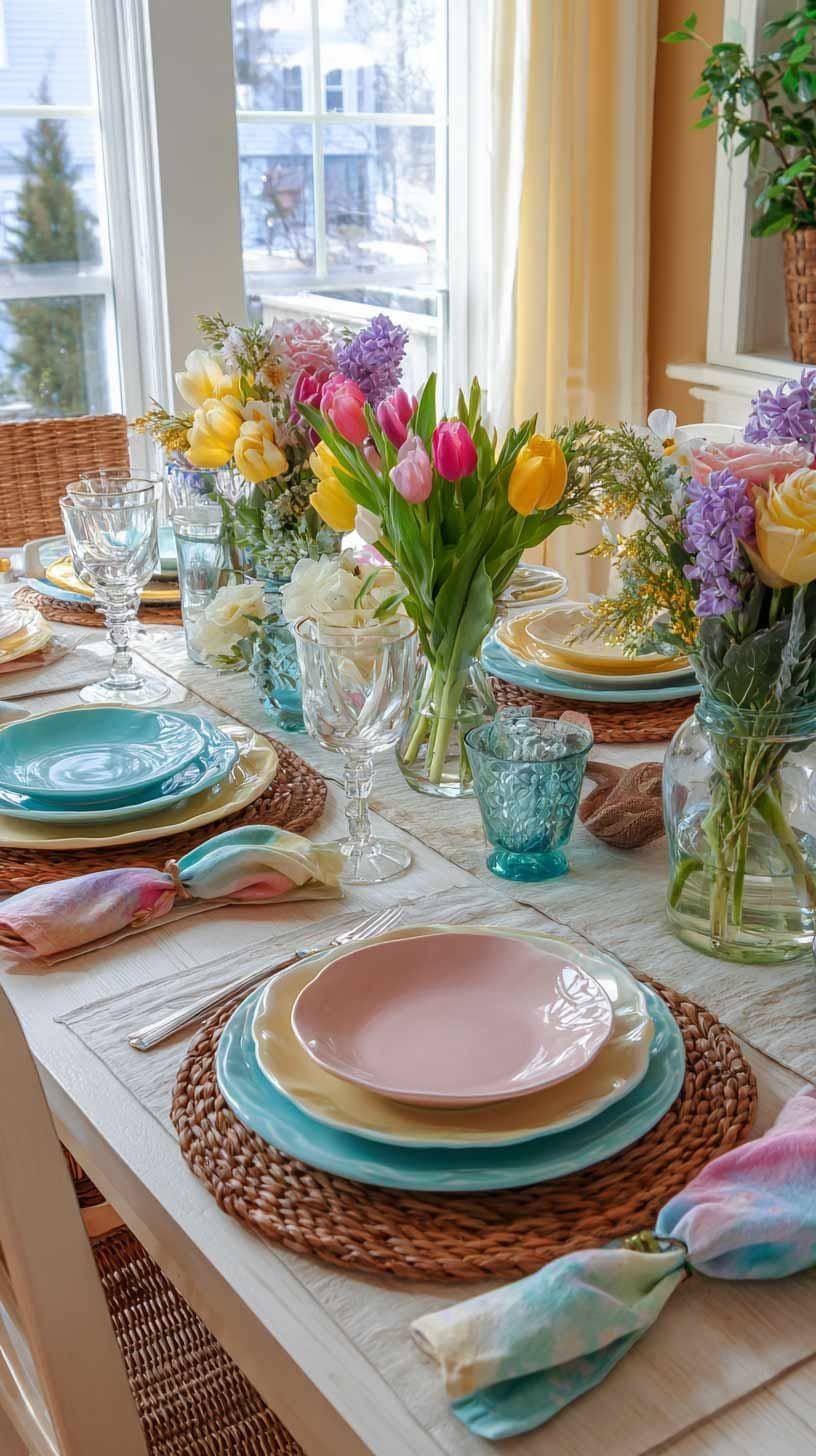 Bright spring table with pastel plates, colorful tulips, and sunlight-filled room.