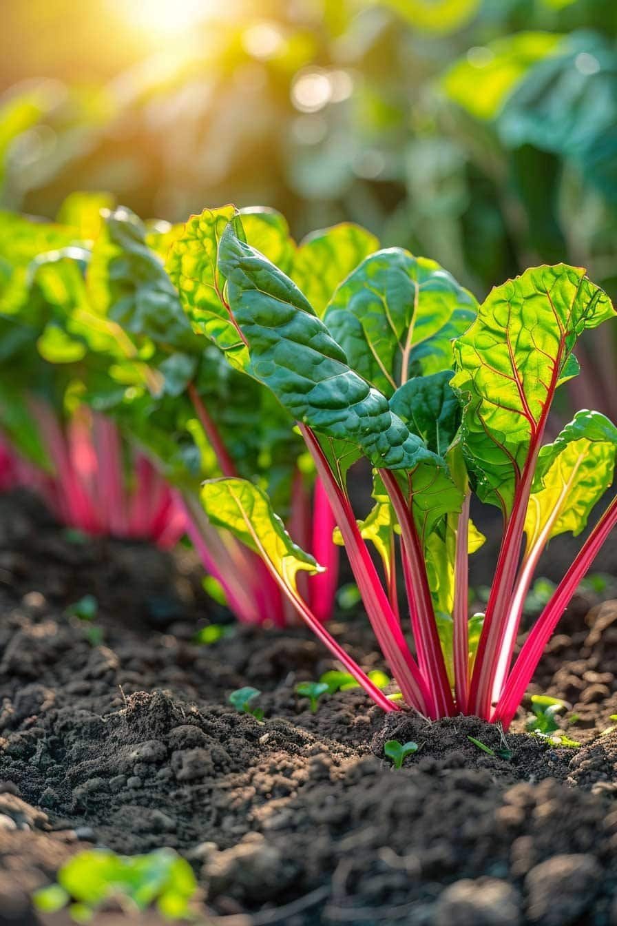Vibrant Swiss chard with pink stems and large green leaves growing in sunlight