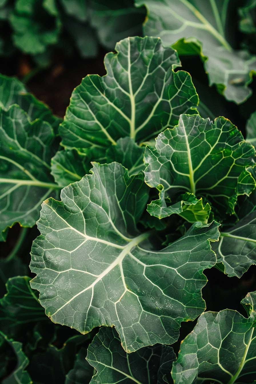 Large collard green leaves with visible veins growing in rich soil