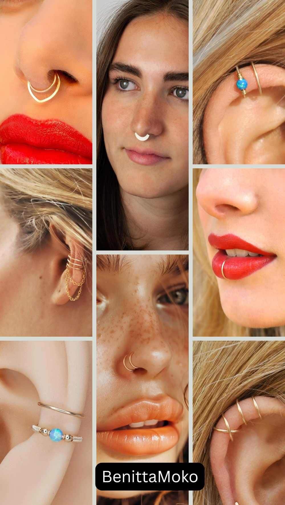 How to wear fake body piercings — collage of realistic no-piercing styles for nose, ear, and lip