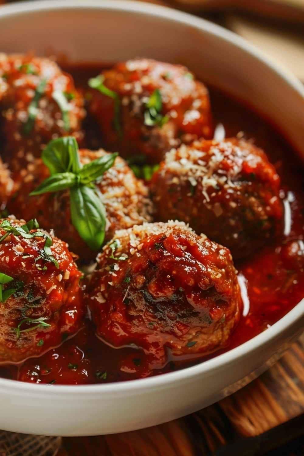 Baked Meatballs in Marinara Sauce Juicy baked meatballs in marinara sauce topped with basil and Parmesan