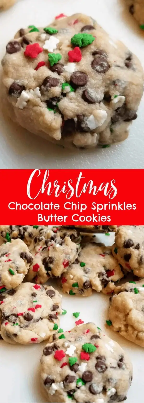 Christmas chocolate chip butter cookies covered in red and green sprinkles