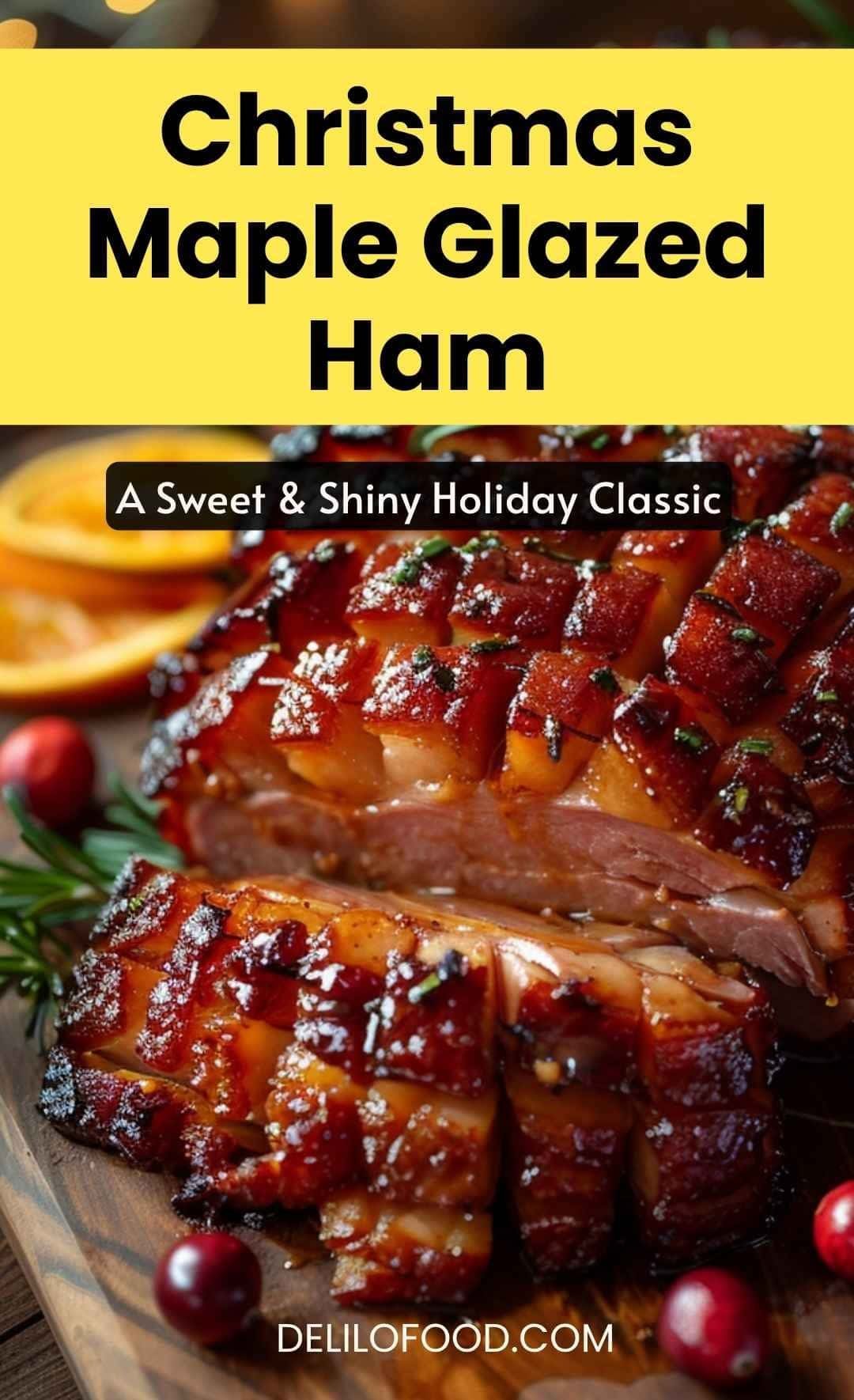 Christmas maple glazed ham with a shiny caramelized crust, sliced and garnished with rosemary and cranberries on a festive wooden board