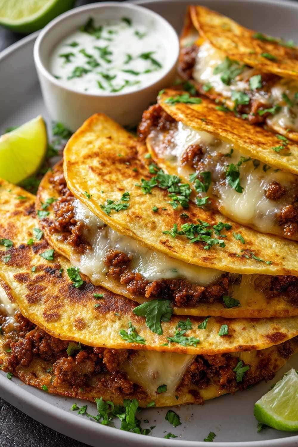 Golden crispy ground beef tacos with melted mozzarella served with creamy cilantro sauce