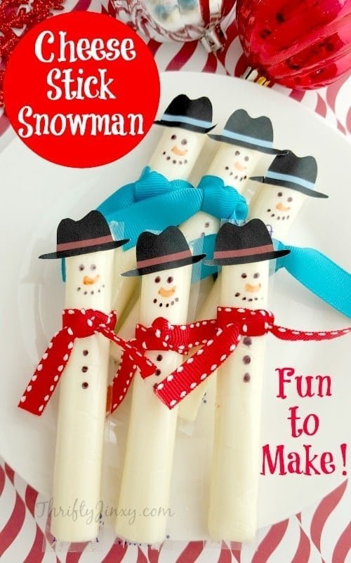 Cheese stick snowmen with printable hats — fun Christmas school snack