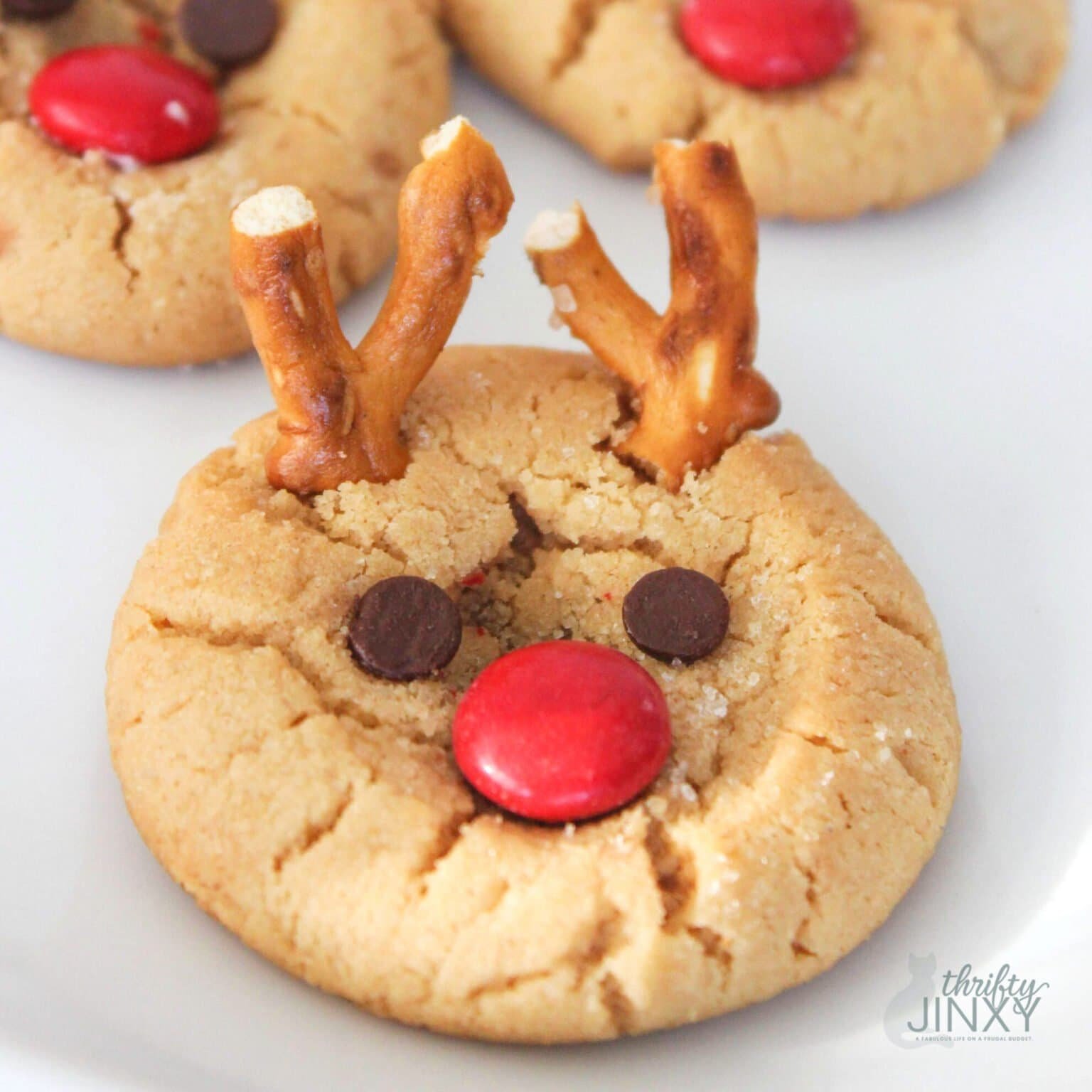 Rudolph peanut butter cookies with pretzel antlers