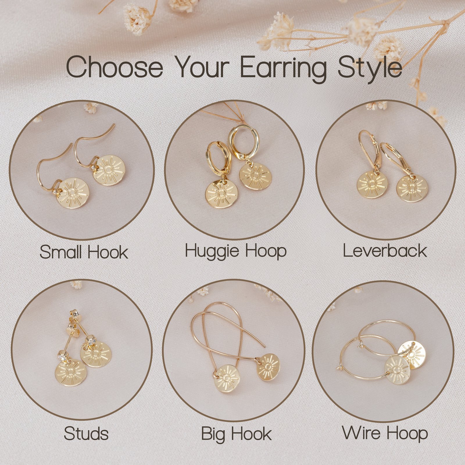 Gold sun disc earrings in several clasp styles: huggies, hooks, leverbacks, studs and hoops on a neutral background