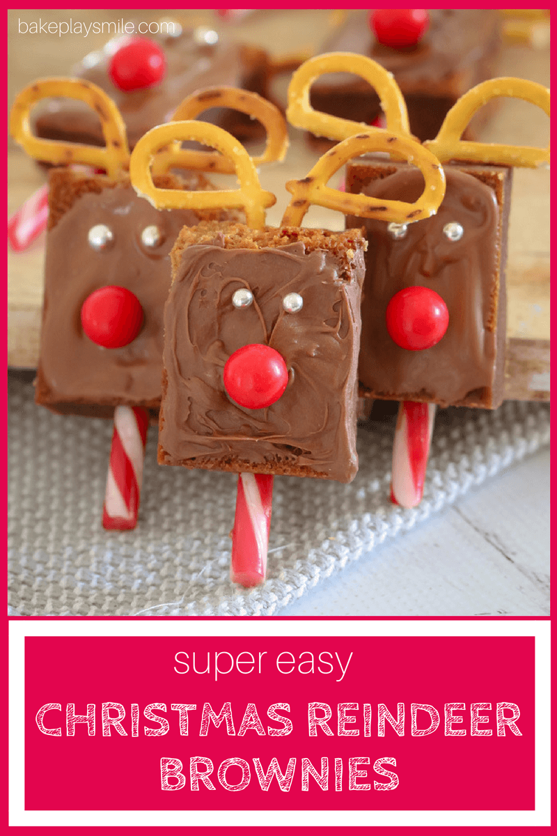 Christmas reindeer brownies with pretzel antlers and candy eyes