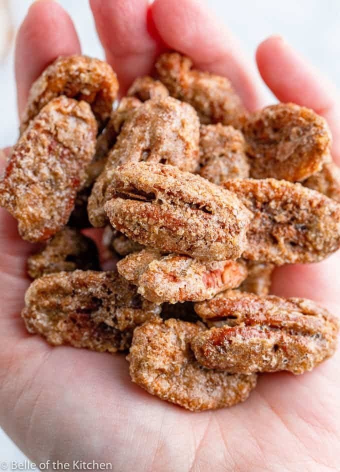 Cinnamon sugar roasted pecans in a bowl