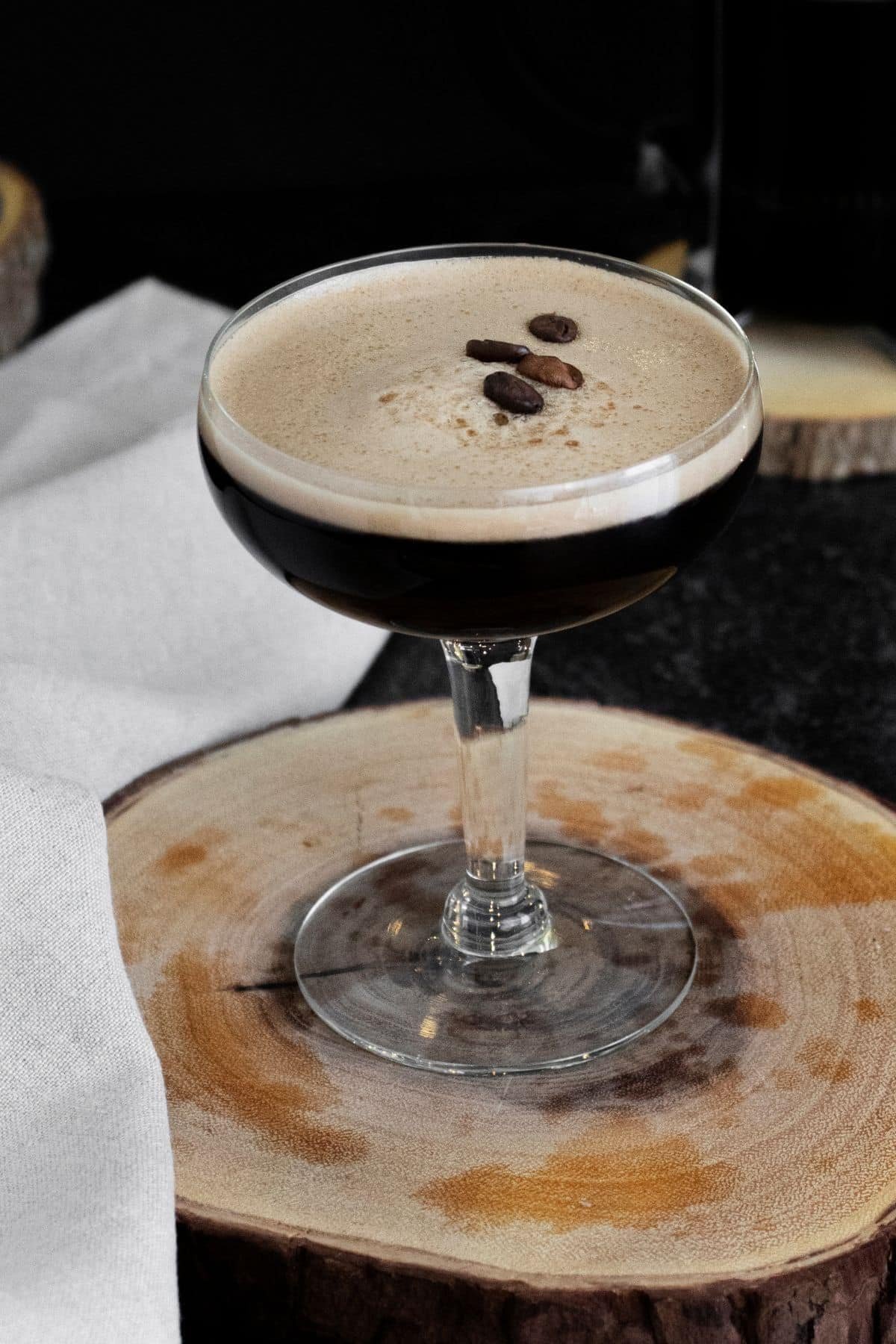 Frangelico espresso martini in coupe glass — nutty and rich holiday drink
