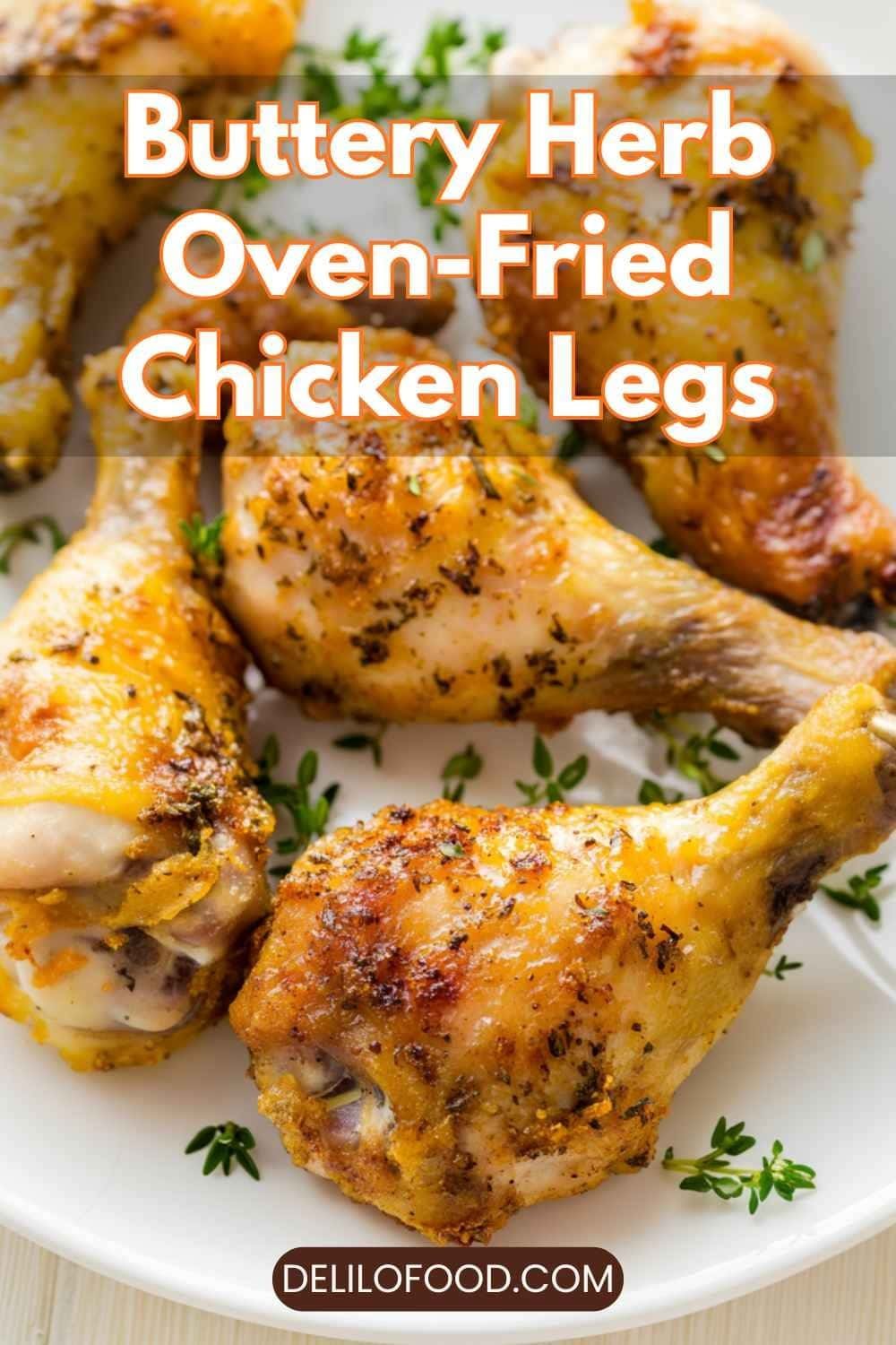 Buttery herb oven-fried chicken legs with crispy golden skin, baked drumsticks coated in a light buttery herb crust, served on a white plate with warm natural lighting
