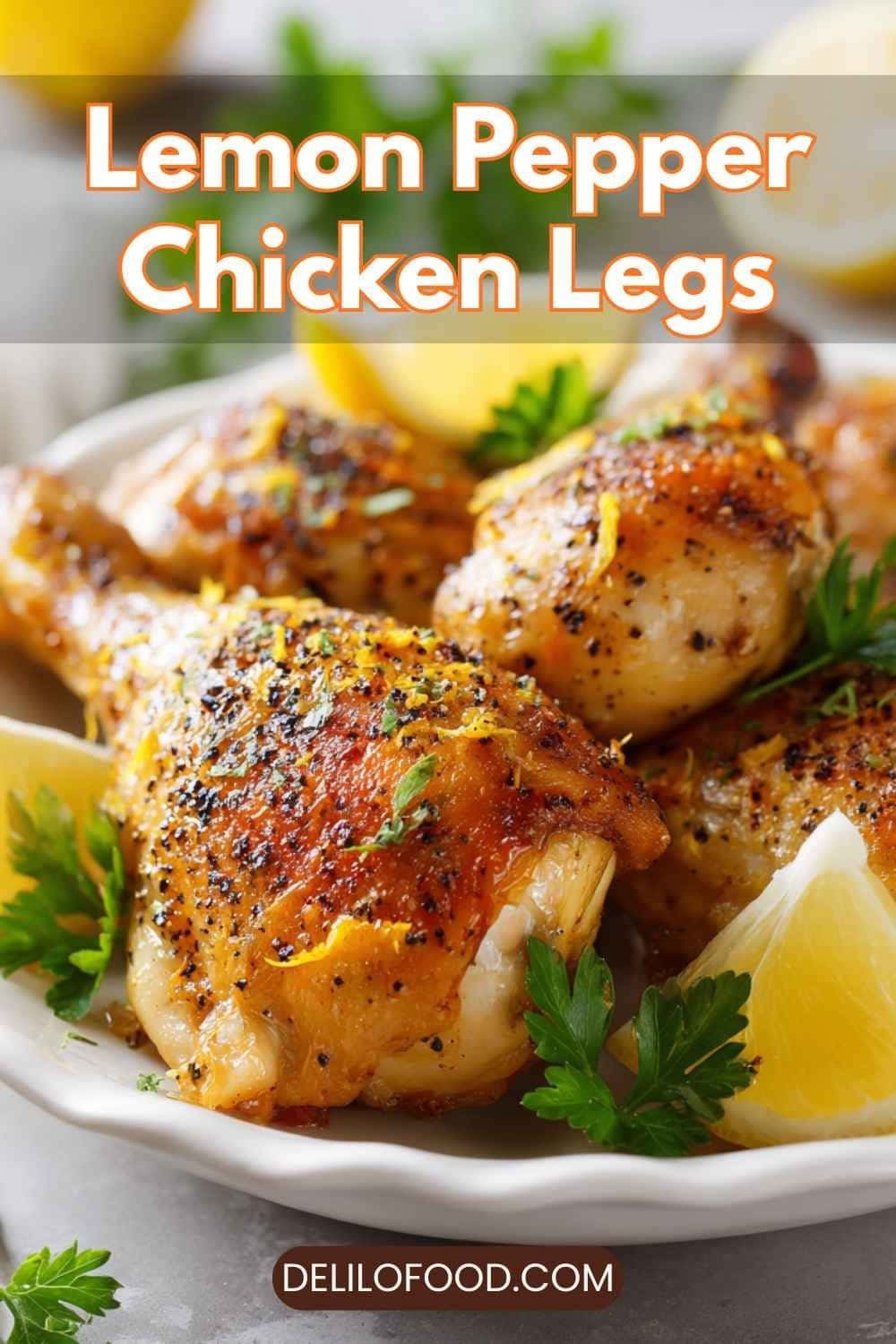 Lemon pepper chicken legs baked until golden, with zesty citrus seasoning and cracked black pepper.