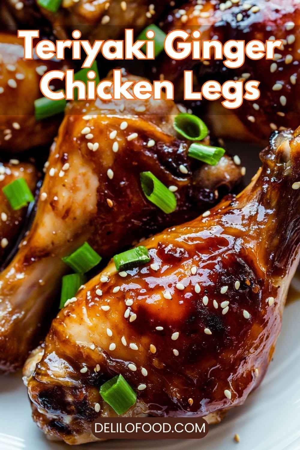 Teriyaki ginger chicken legs glazed with a shiny soy-ginger sauce, golden baked drumsticks with sesame and warm appetizing lighting
