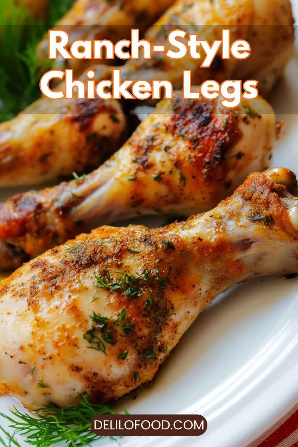 Ranch-style chicken legs with crispy golden skin, coated in ranch seasoning and herbs, baked to perfection with warm appetizing lighting