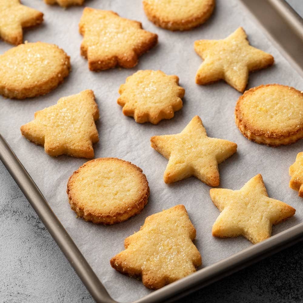 Snowflake-shaped Christmas cookie dough on a floured wooden surface with metal cookie cutters and warm holiday lights in the background
