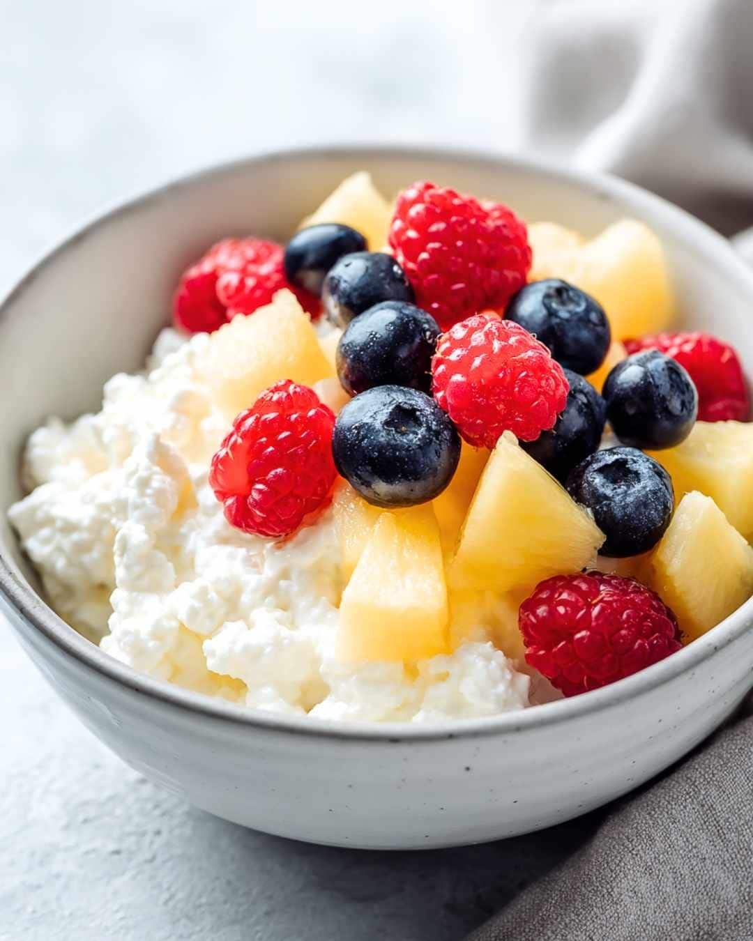 Cottage cheese and fruit bowl as a light healthy breakfast idea