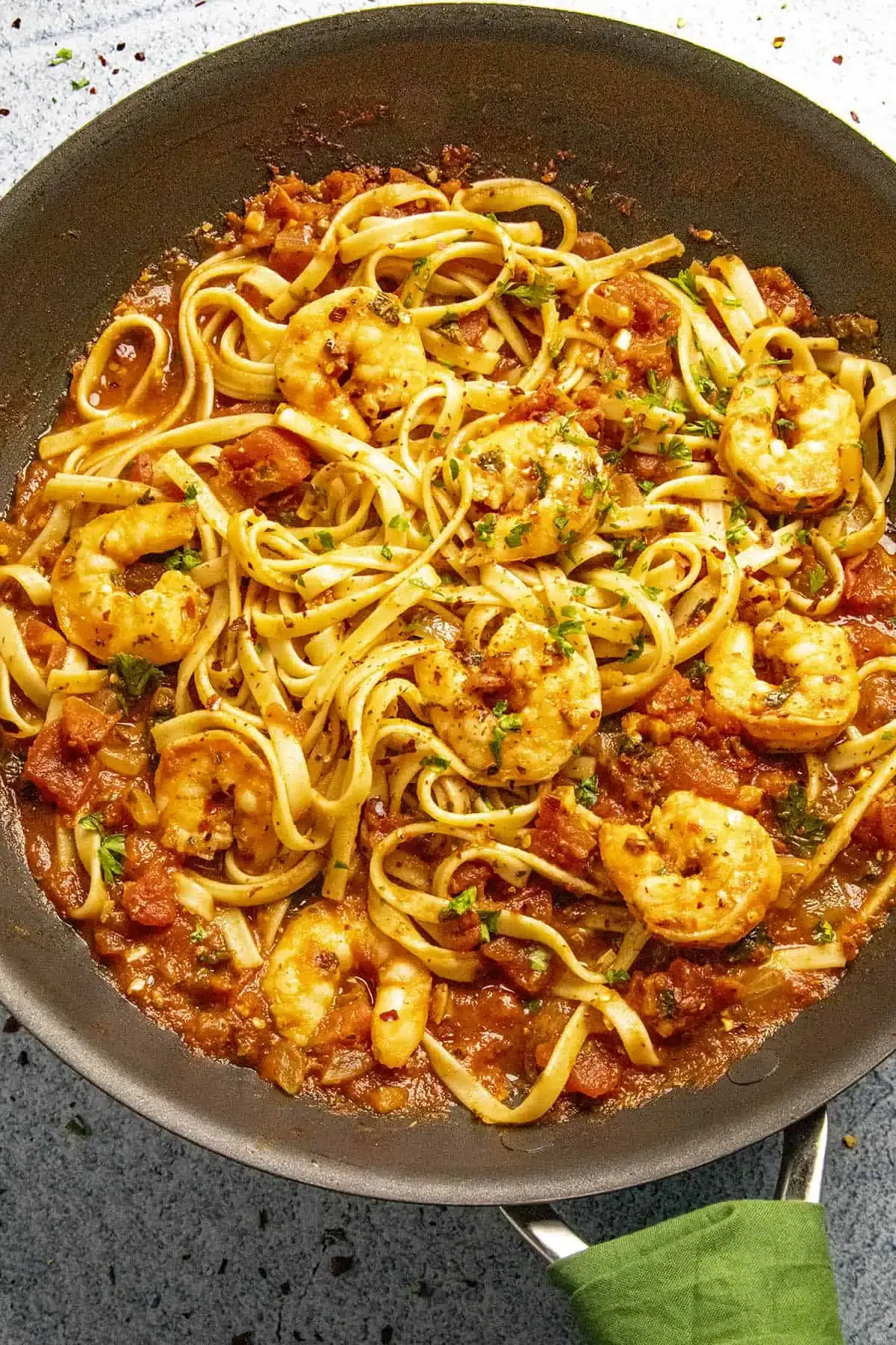 Spicy Fra Diavolo sauce with tomatoes, garlic, and red pepper flakes served over pasta