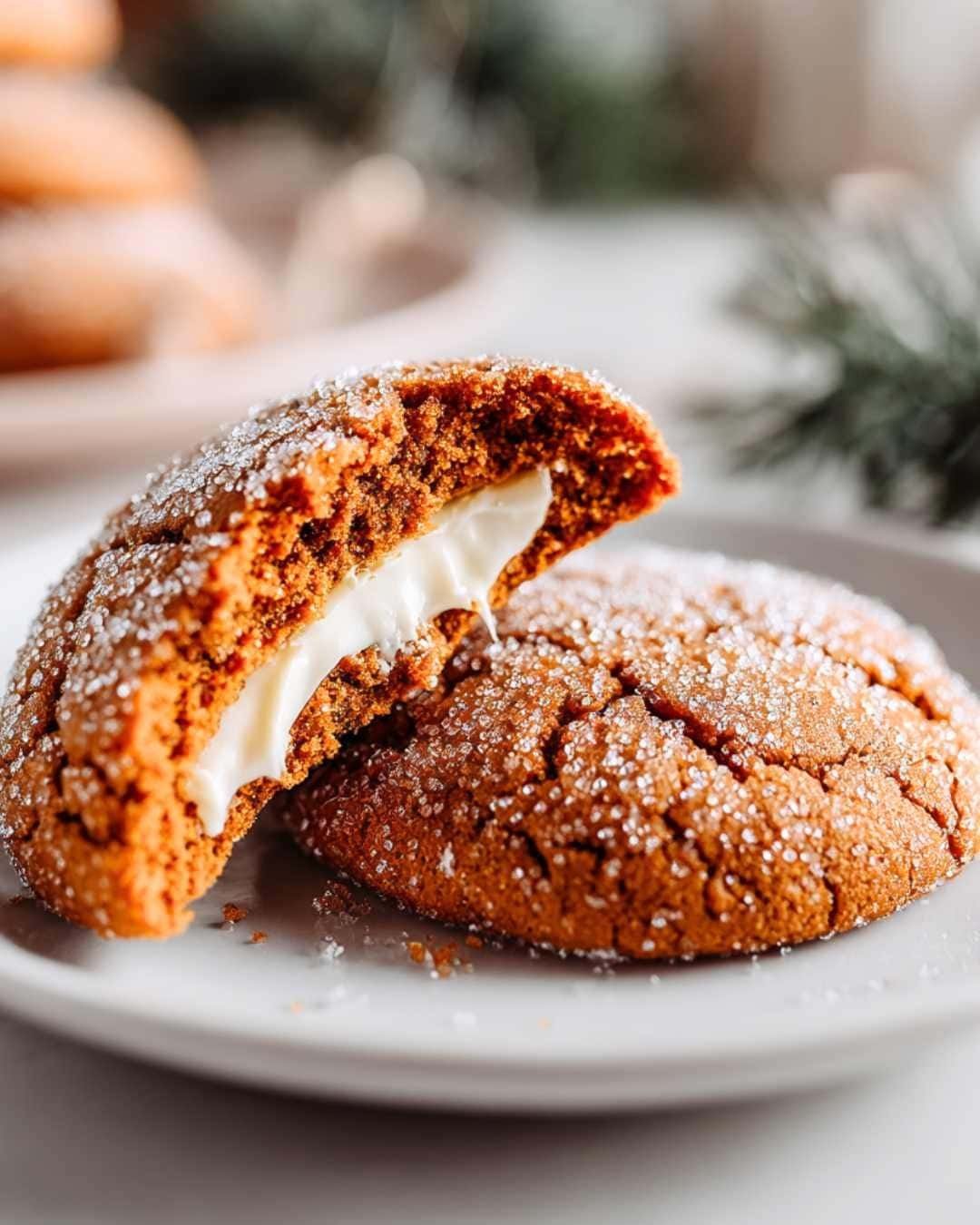 Soft gingerbread cheesecake cookie broken open to show creamy cheesecake filling, coated with sugar crystals on a white plate