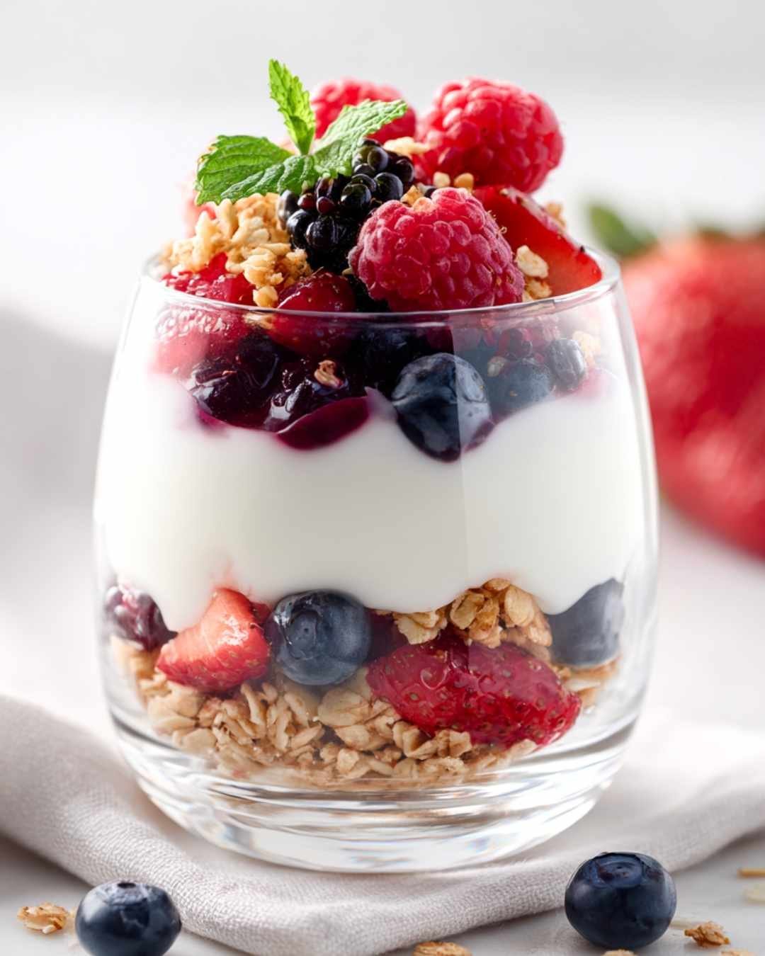 Greek yogurt parfait with berries and granola as a healthy breakfast idea