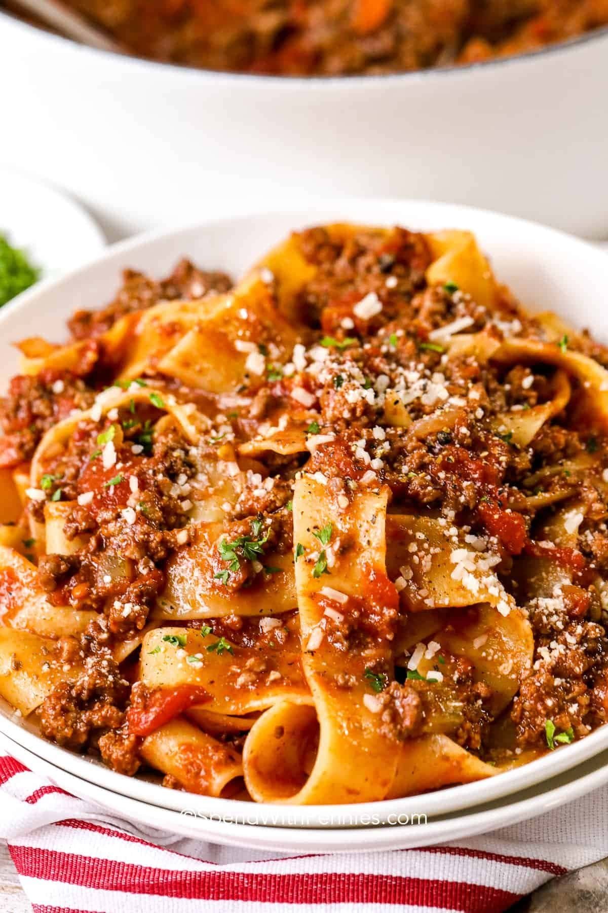 Rich homemade bolognese sauce simmered with tomatoes, beef, pork, and vegetables