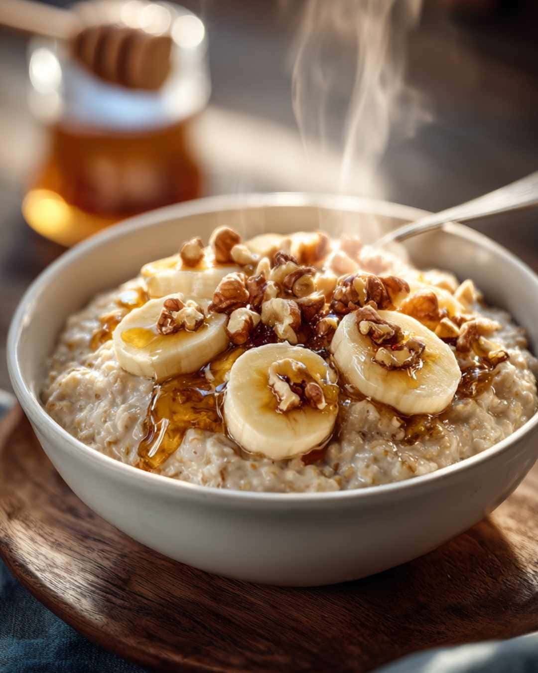 Warm oatmeal breakfast bowl with fruit and nuts for steady morning energy